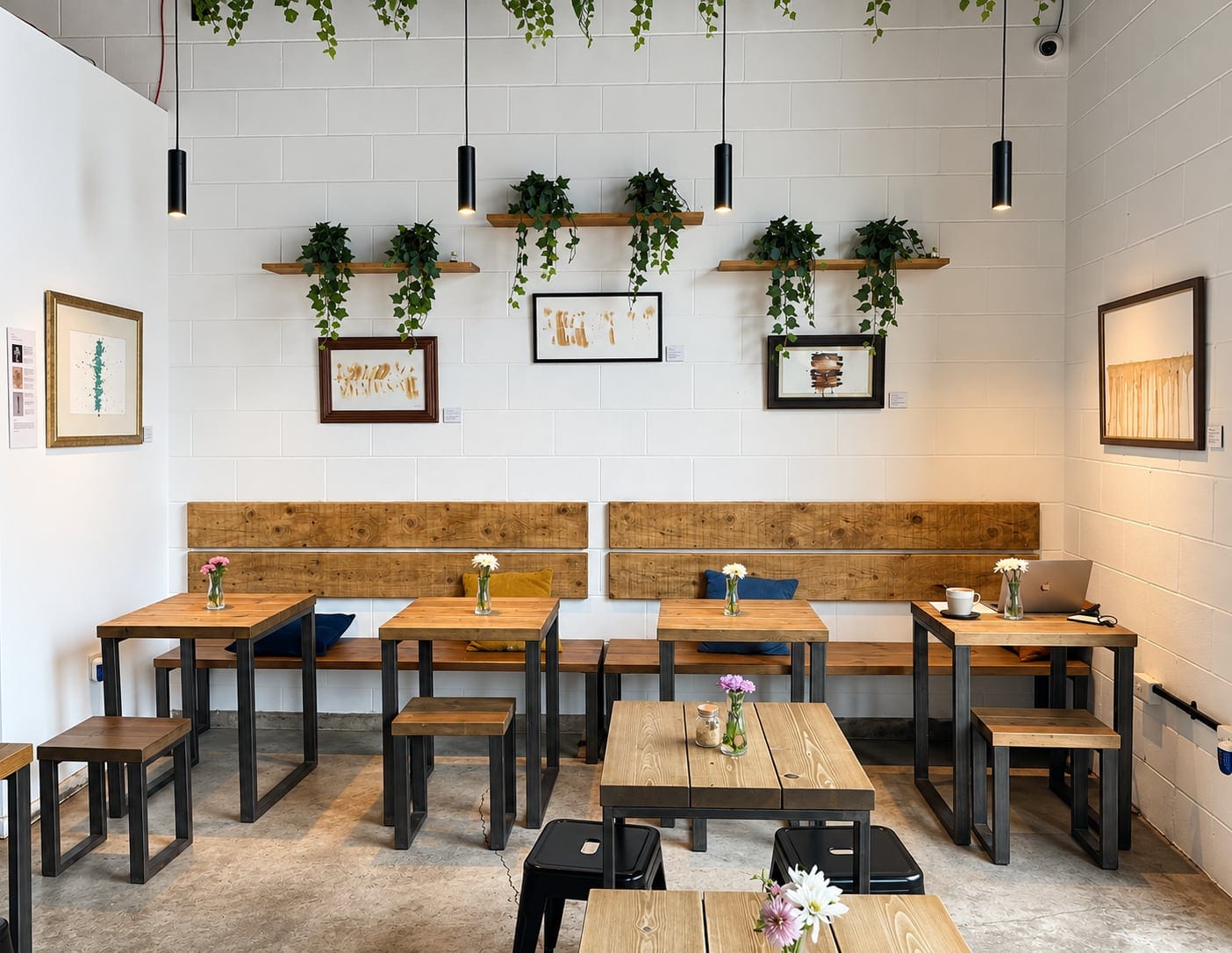 Bench seating with timber tables, framed artwork and shelves of plants