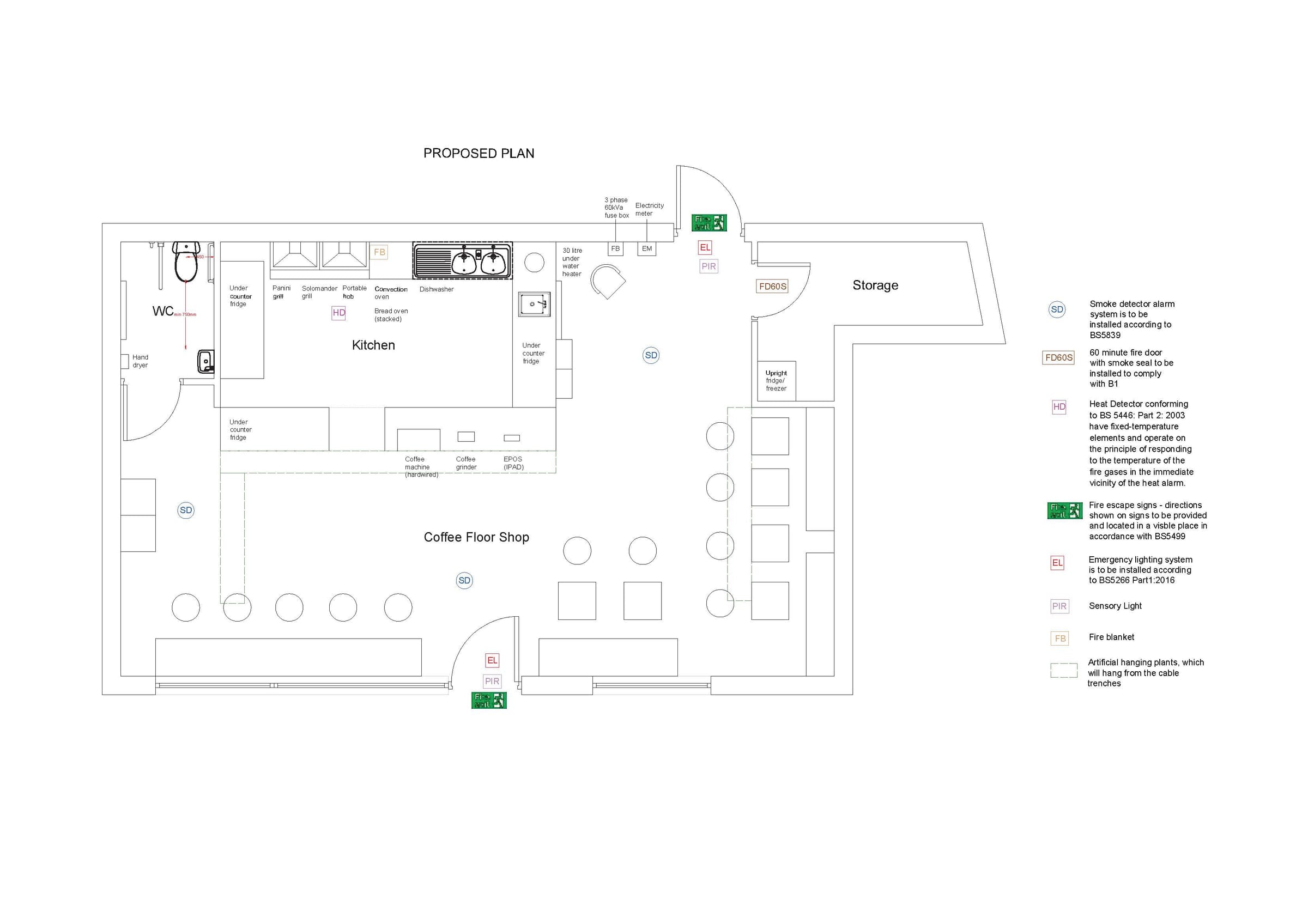 Proposed floor plan with fire safety provisions