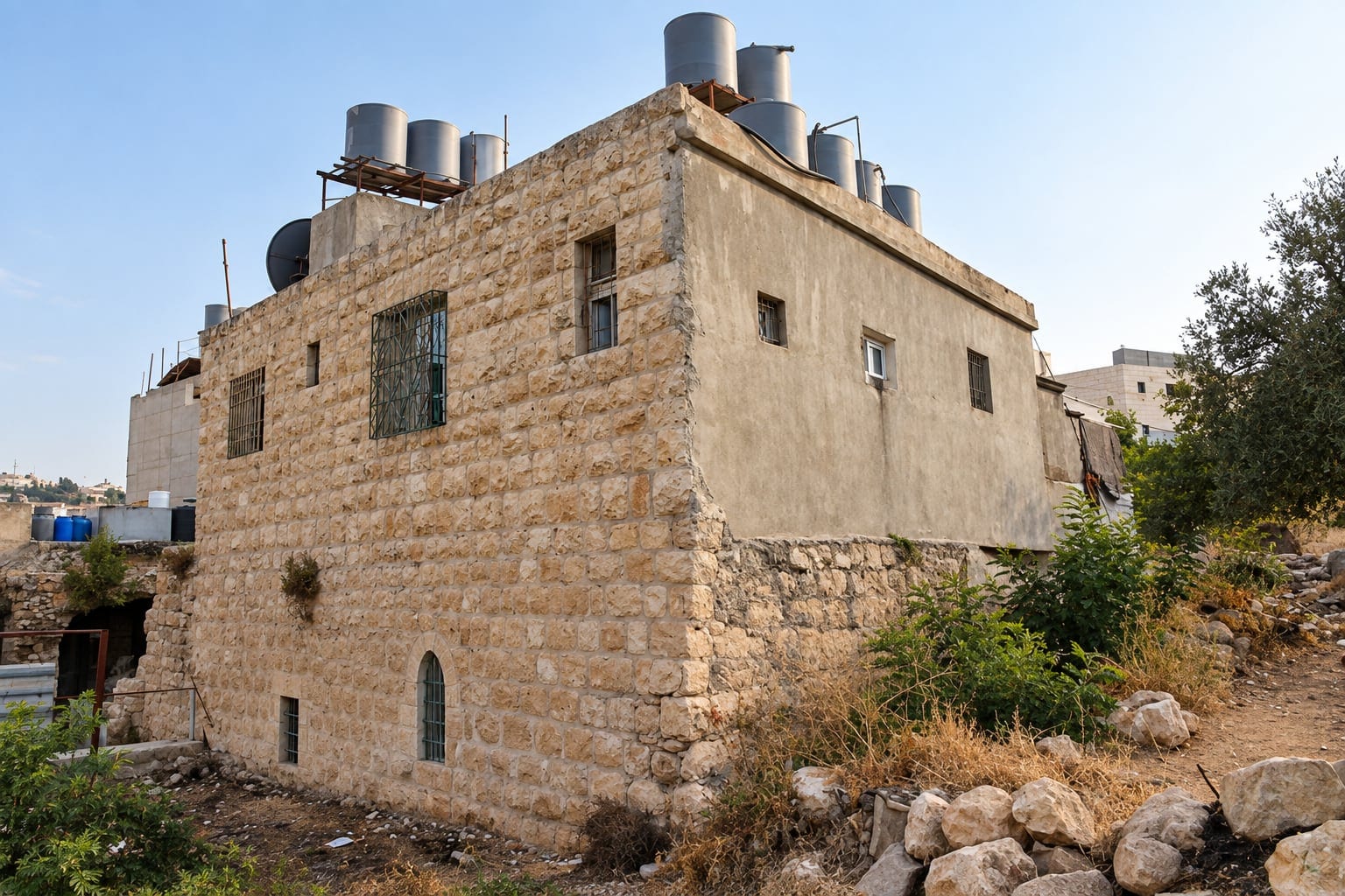 The existing two-storey stone building with water tanks on the roof