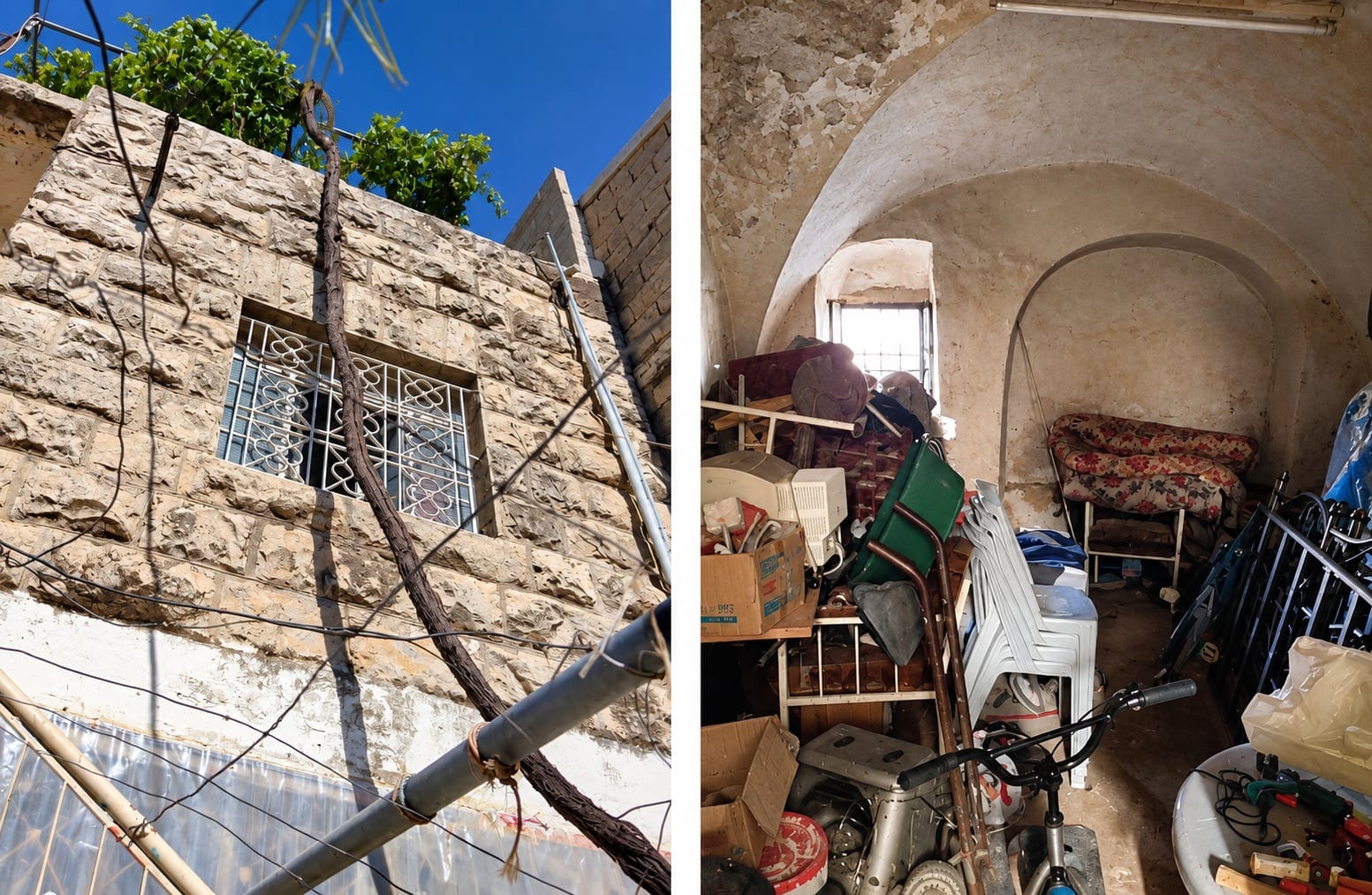 Existing stone facade and a cluttered vaulted interior awaiting rehabilitation