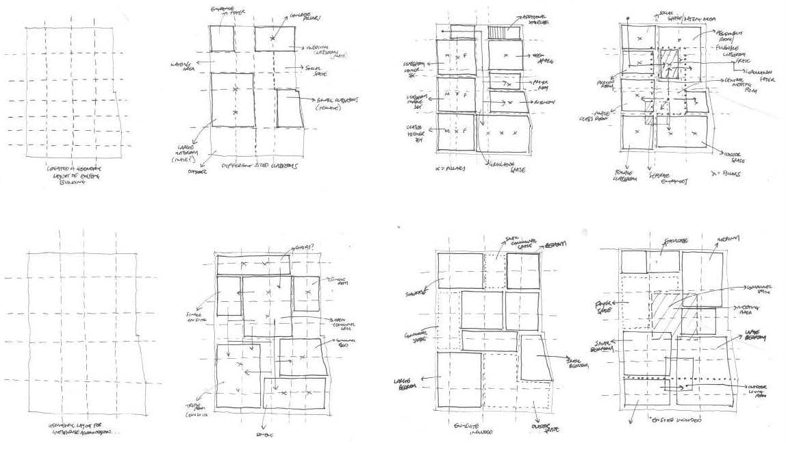 Early plan sketches exploring the building's layout