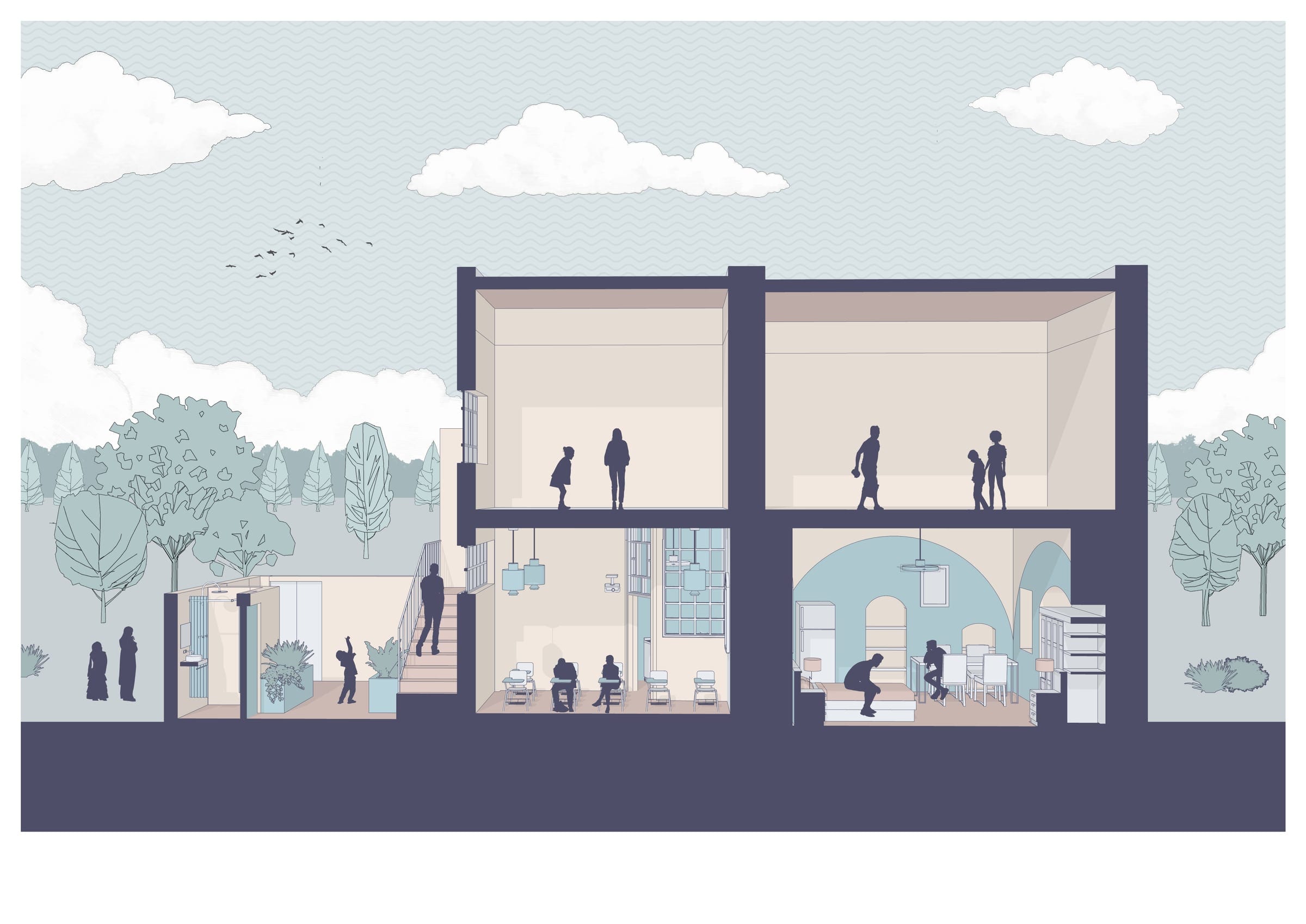 Illustrated sectional perspective of the whole building and its uses