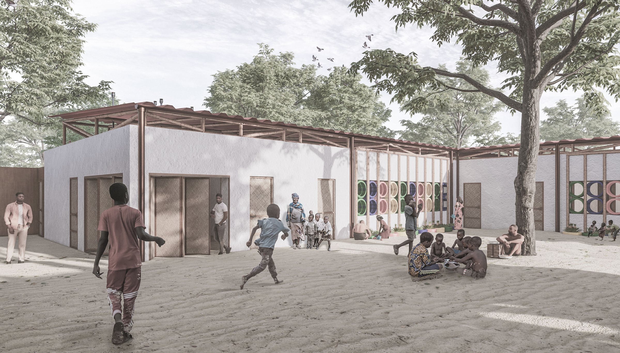 Render of the school courtyard: low earth-walled classrooms under a timber roof, with children playing