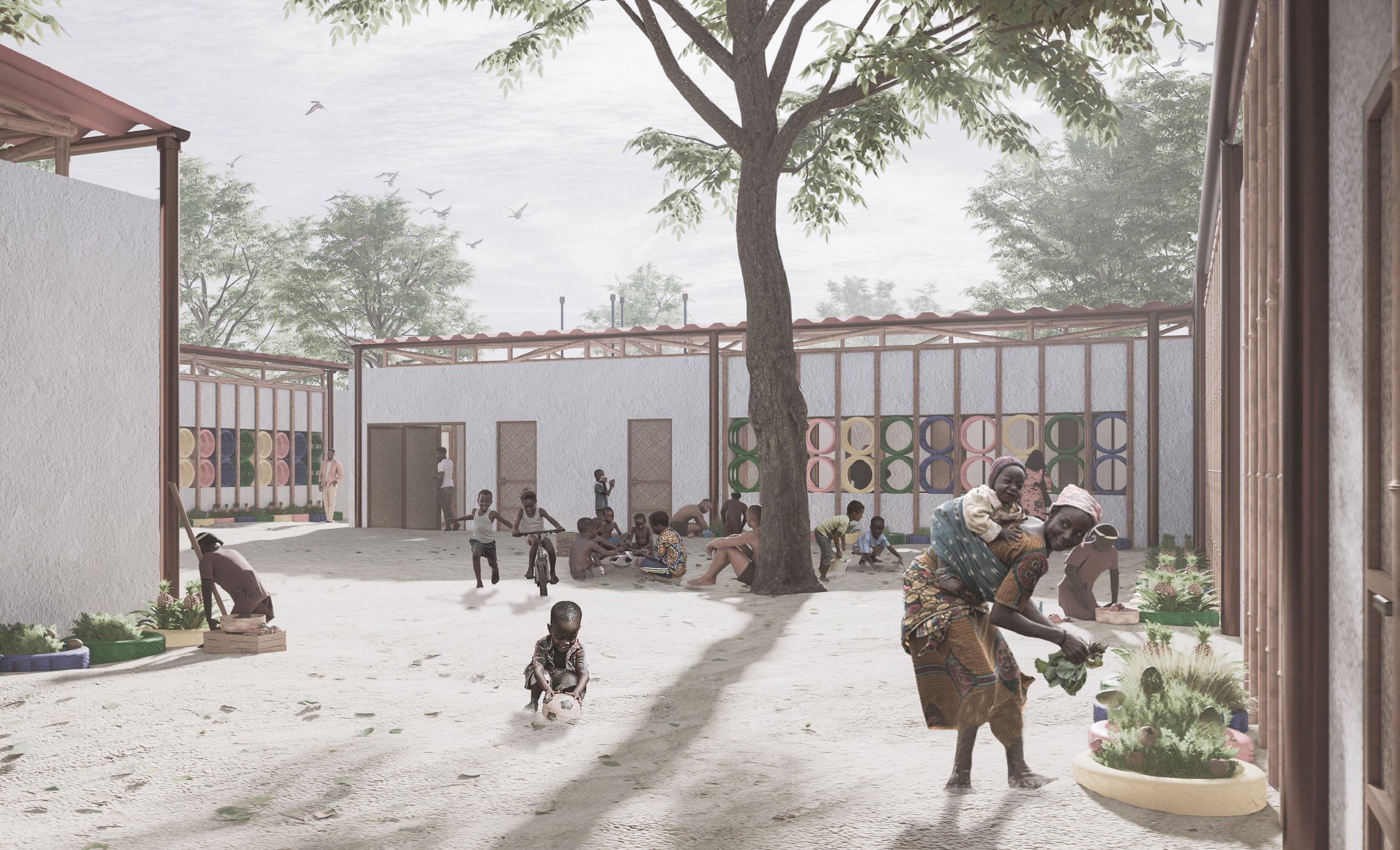 Render of the courtyard with a large shade tree and planting