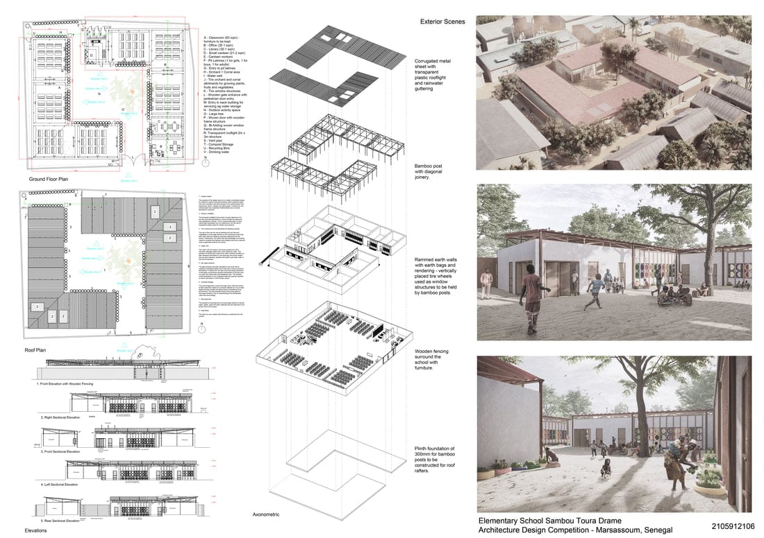 Competition presentation board combining drawings, axonometric and visuals