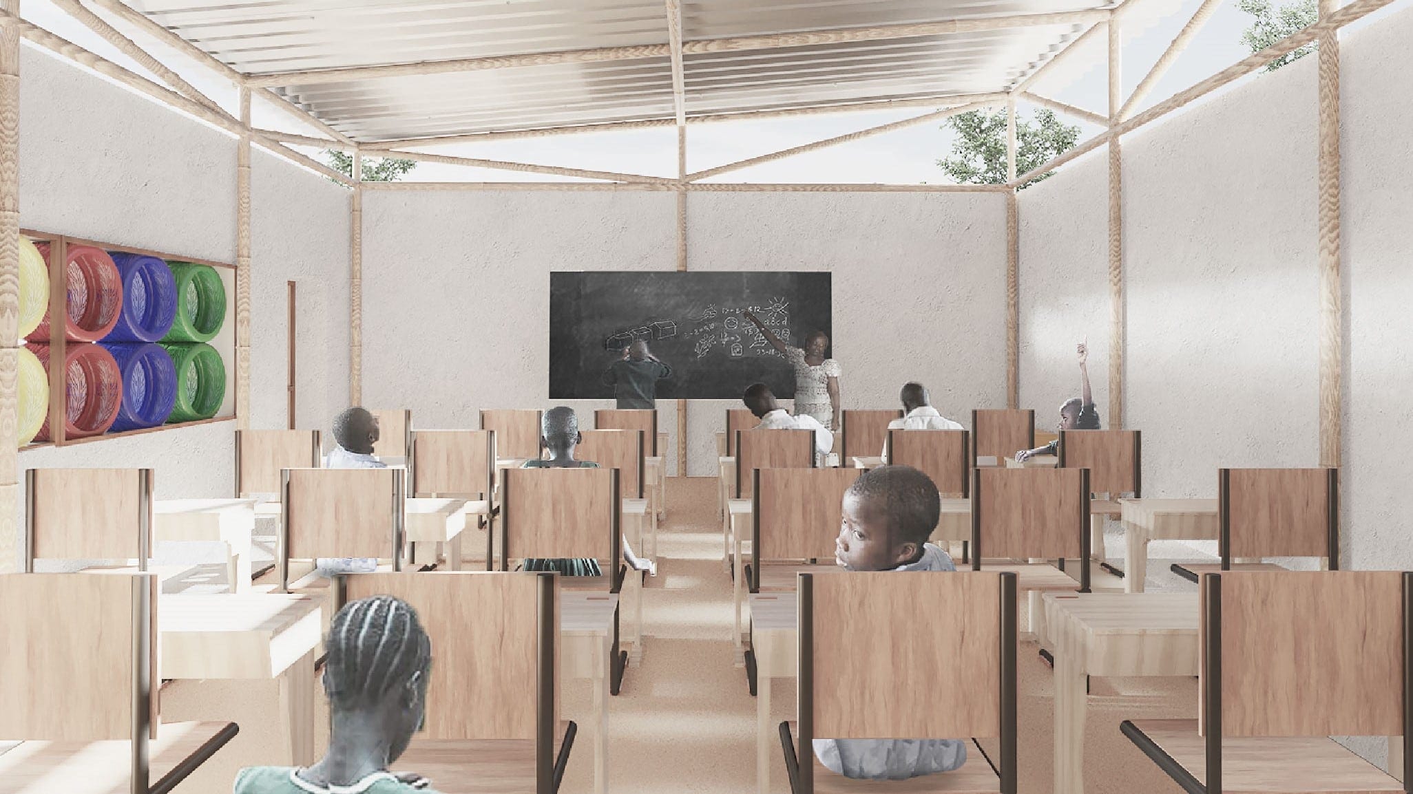 Interior render of a classroom with timber desks and coloured recycled wall panels