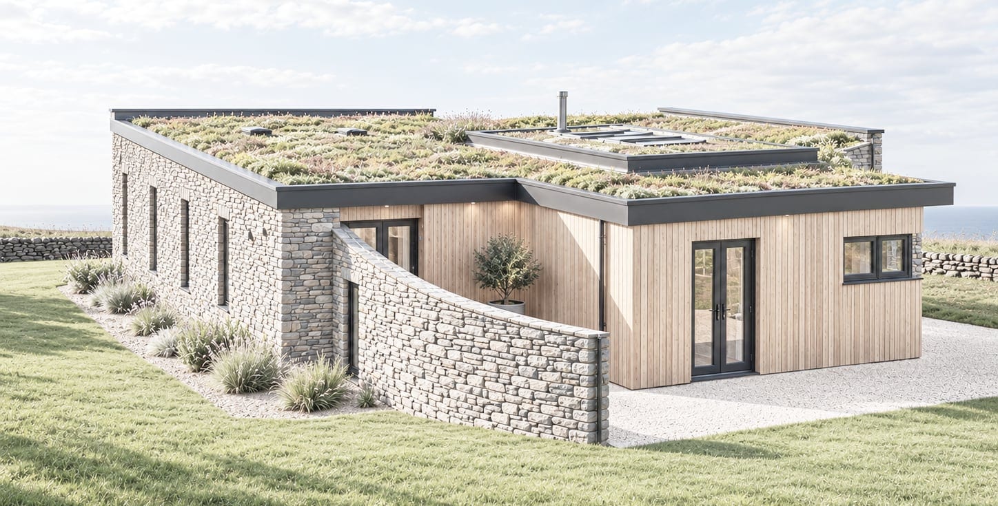 Render of the house with its green roof and a curved stone wall