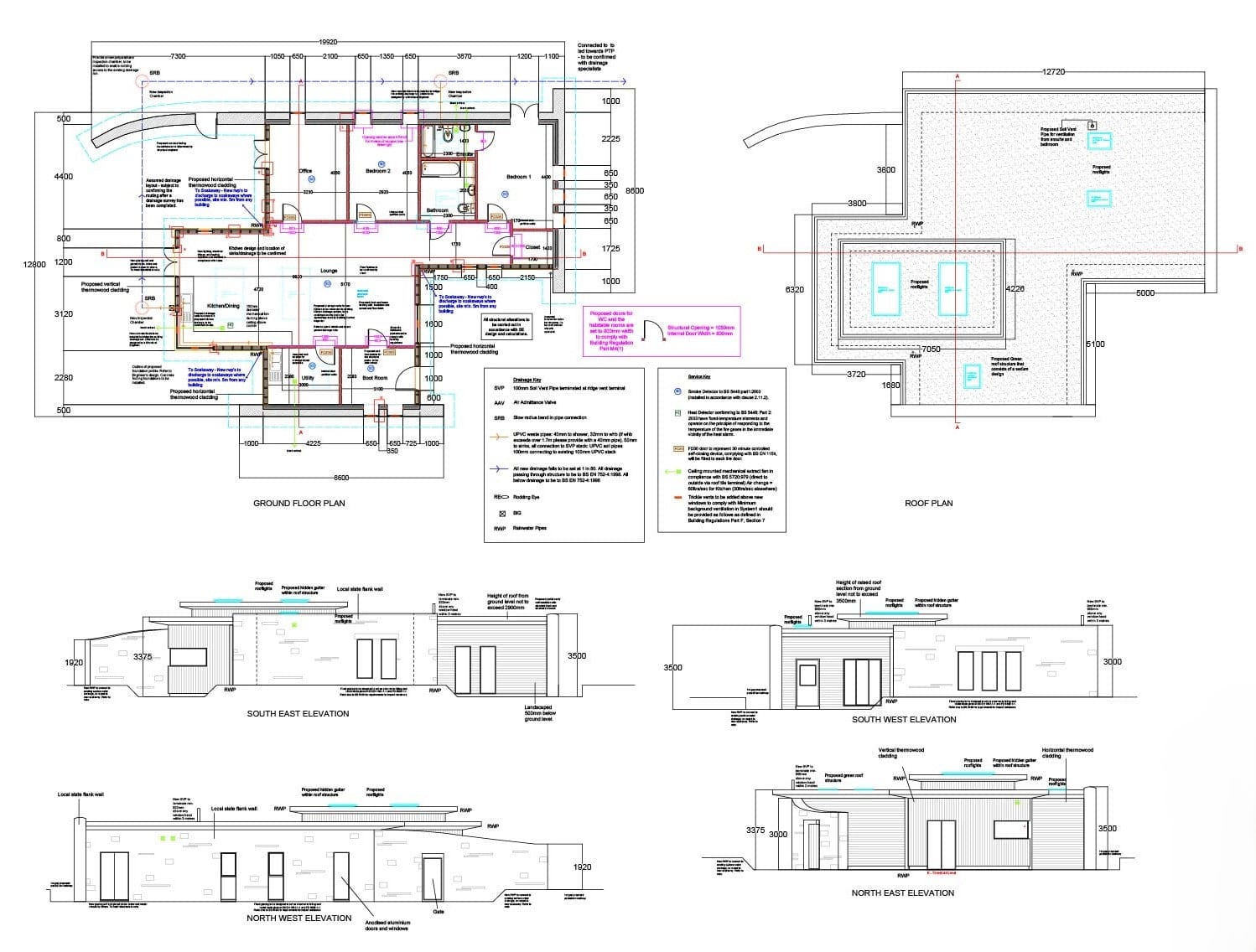 Building Regulations drawing sheet with plans, roof plan and elevations