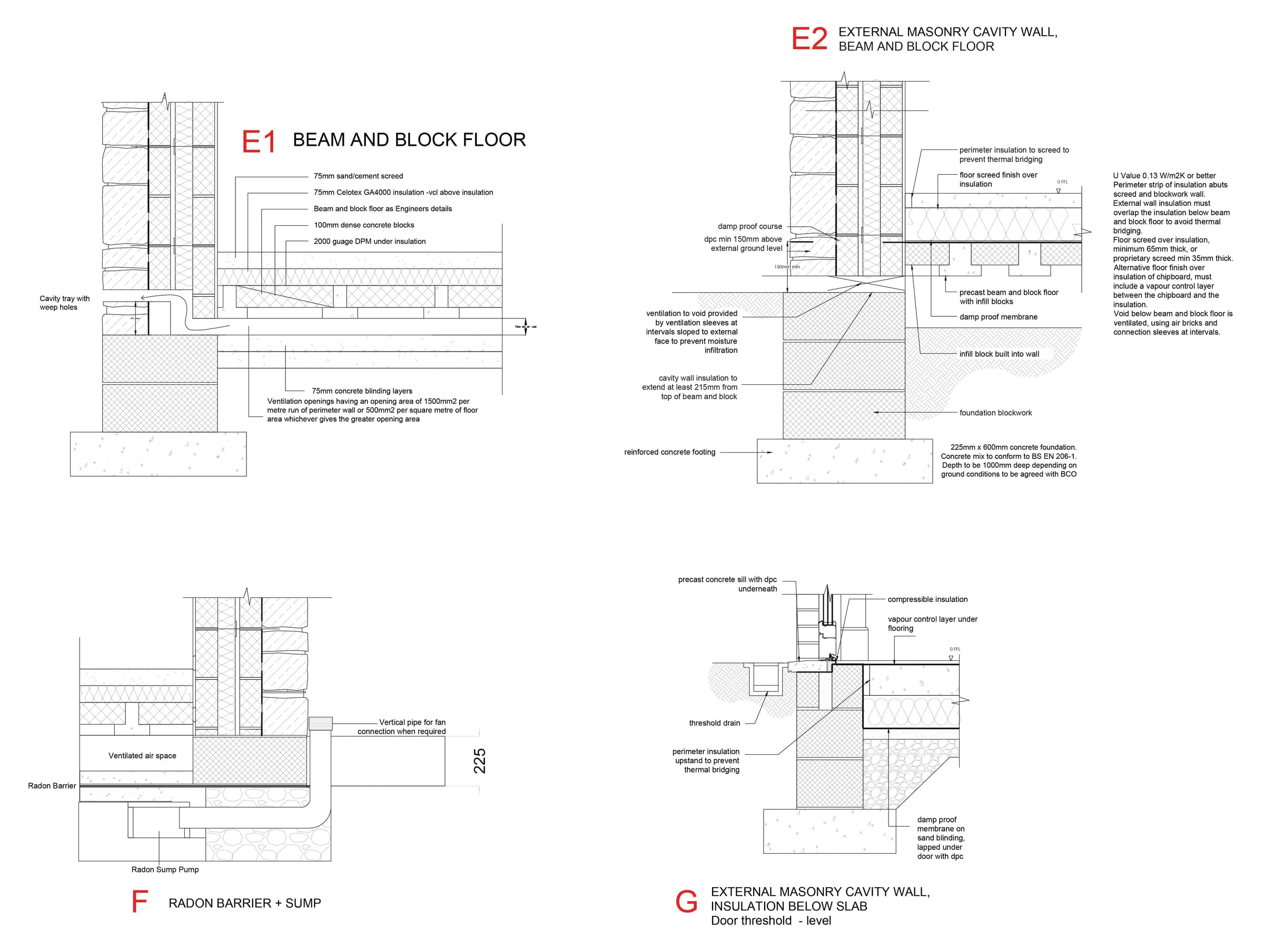 Technical details of the beam-and-block floor, radon barrier and thresholds