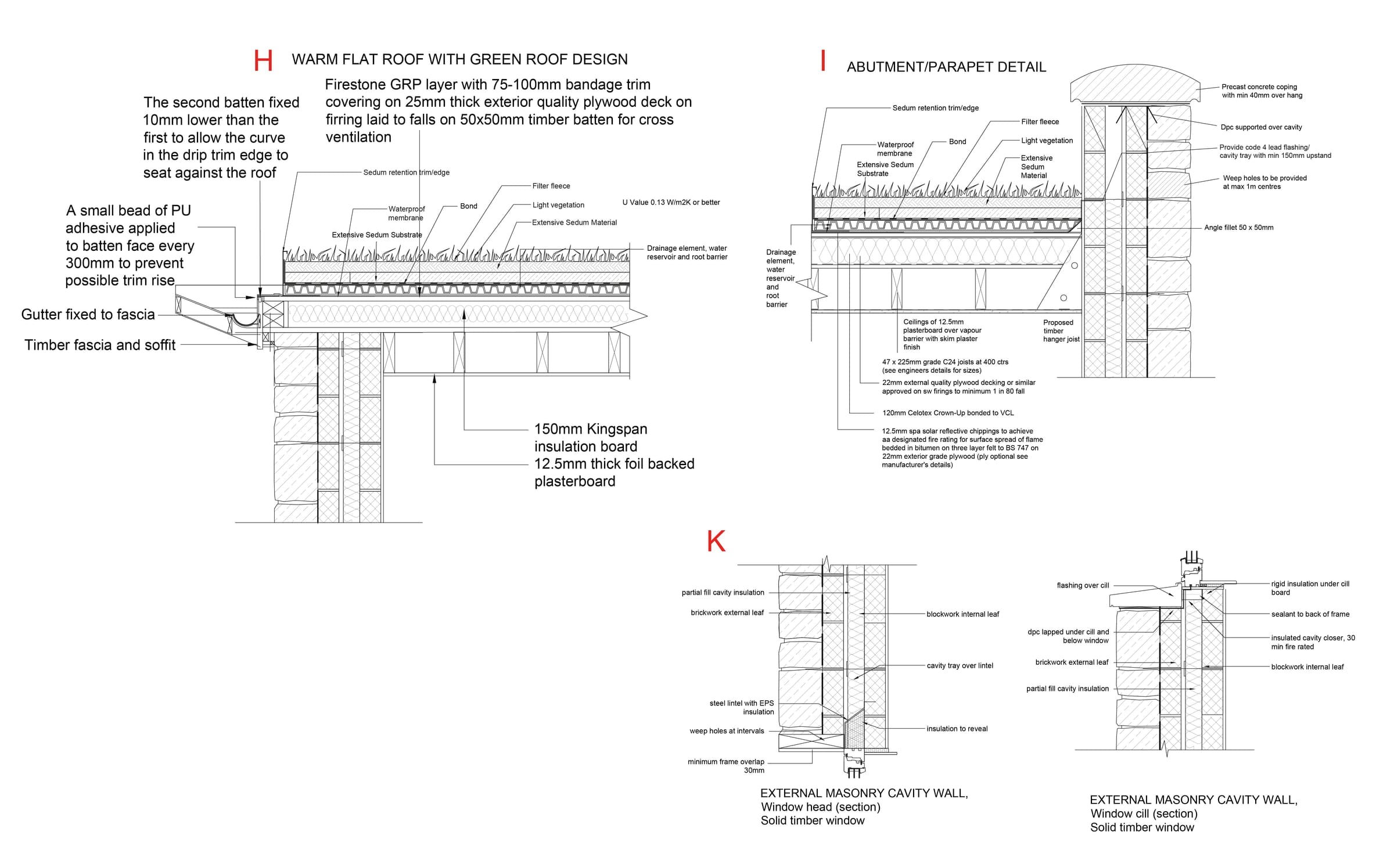 Technical details of the warm green roof, parapet and windows