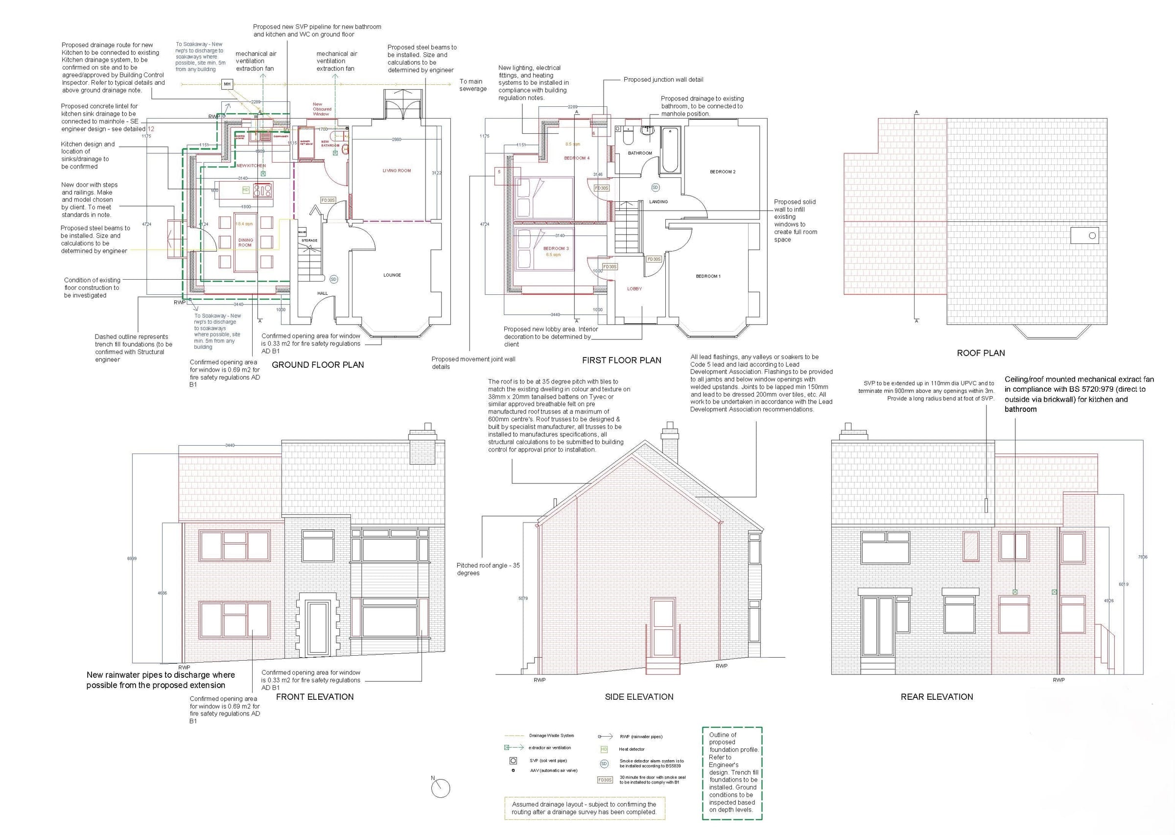 Building Regulations drawing with annotated plans and elevations