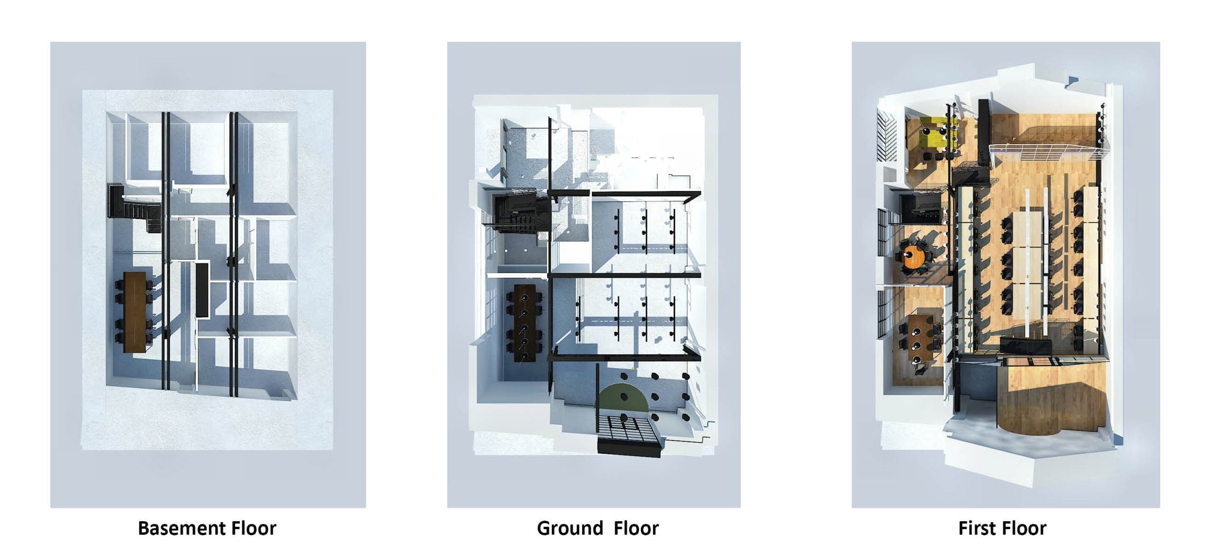 3D cutaway models of three office floors