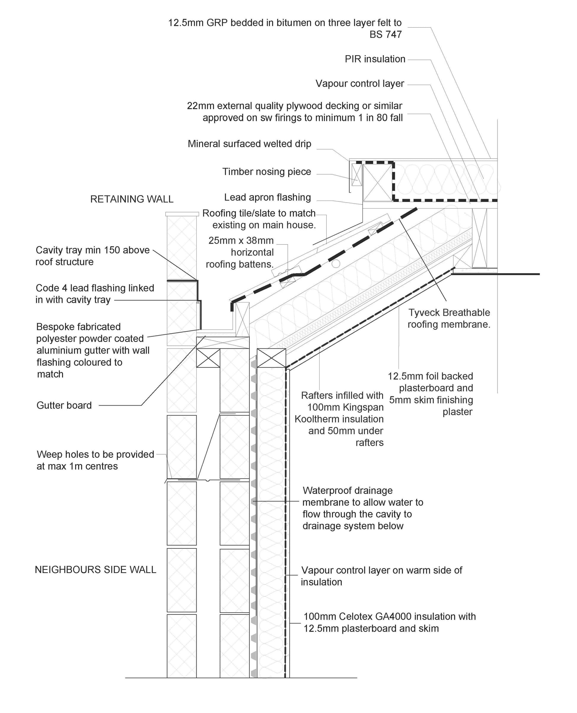 Construction detail of a roof meeting a retaining wall