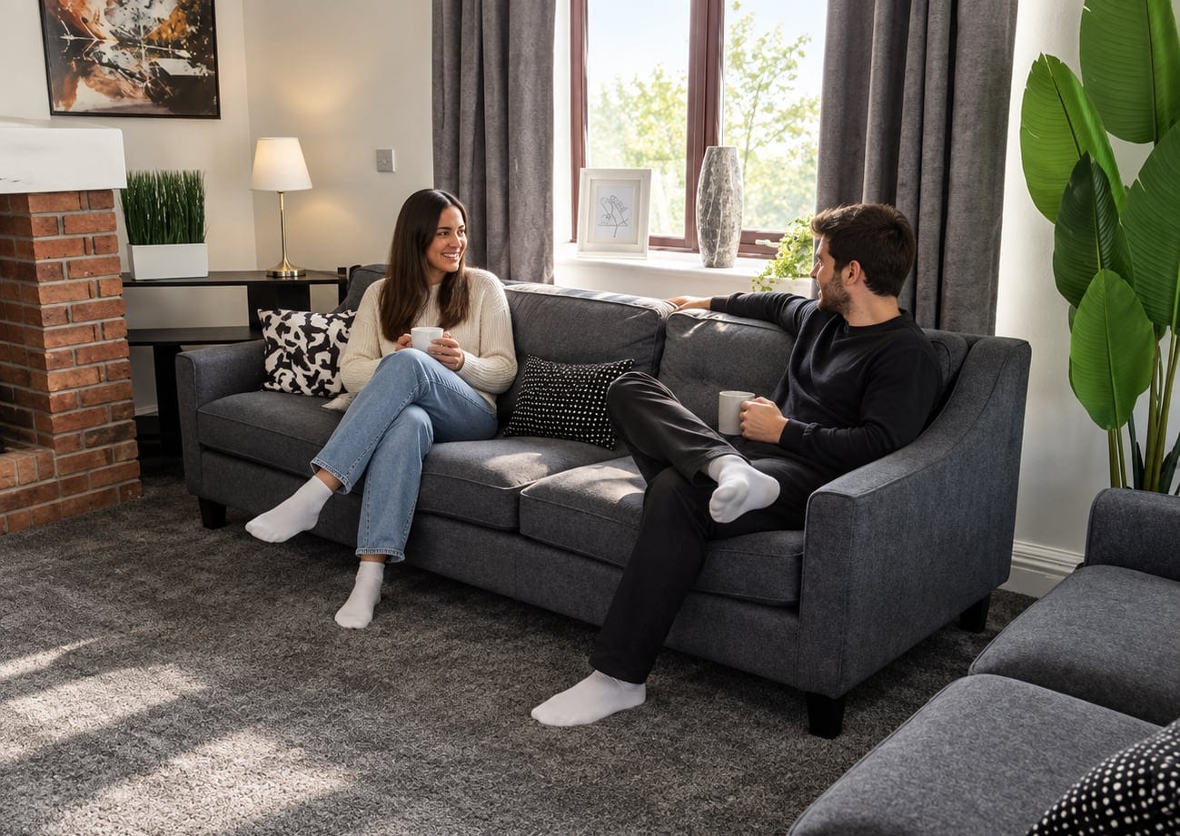 Lounge in the care home, with two people talking on a sofa