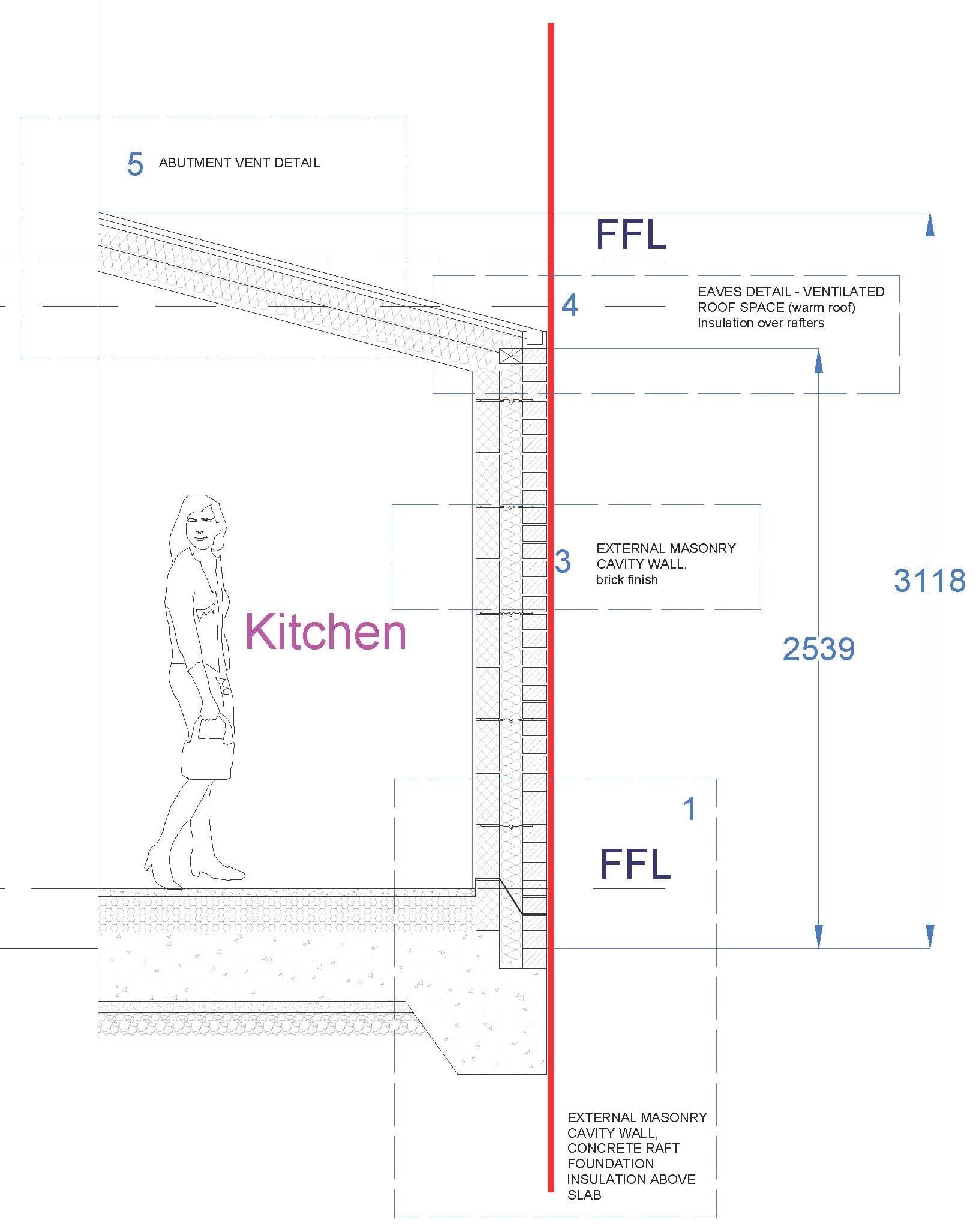 Section AA with wall, roof and eaves construction