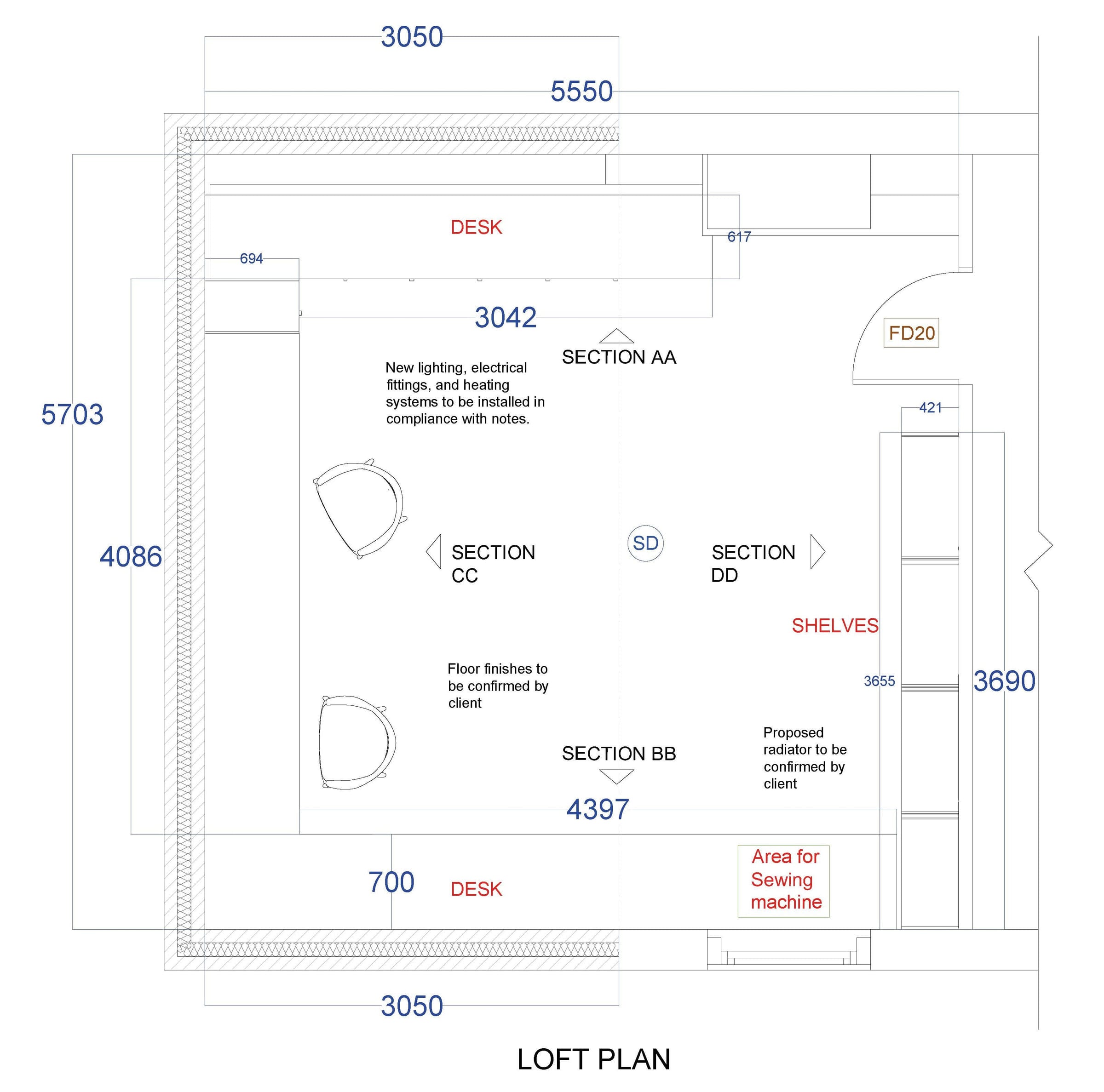 Loft plan showing the desks, shelving, sewing area and circulation