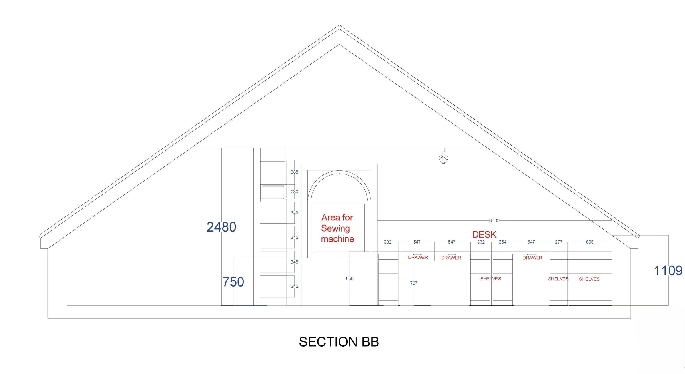 Section BB: the arched window, sewing area and bespoke desk