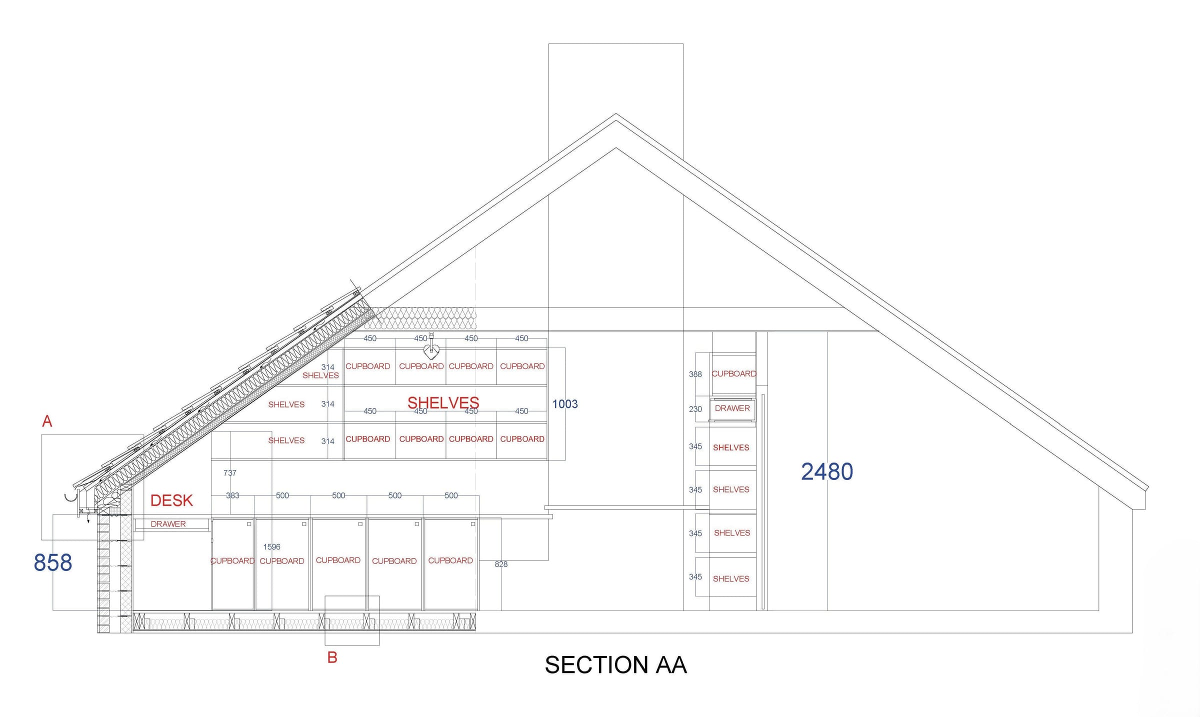 Section AA: shelving and desks fitted under the sloping roof