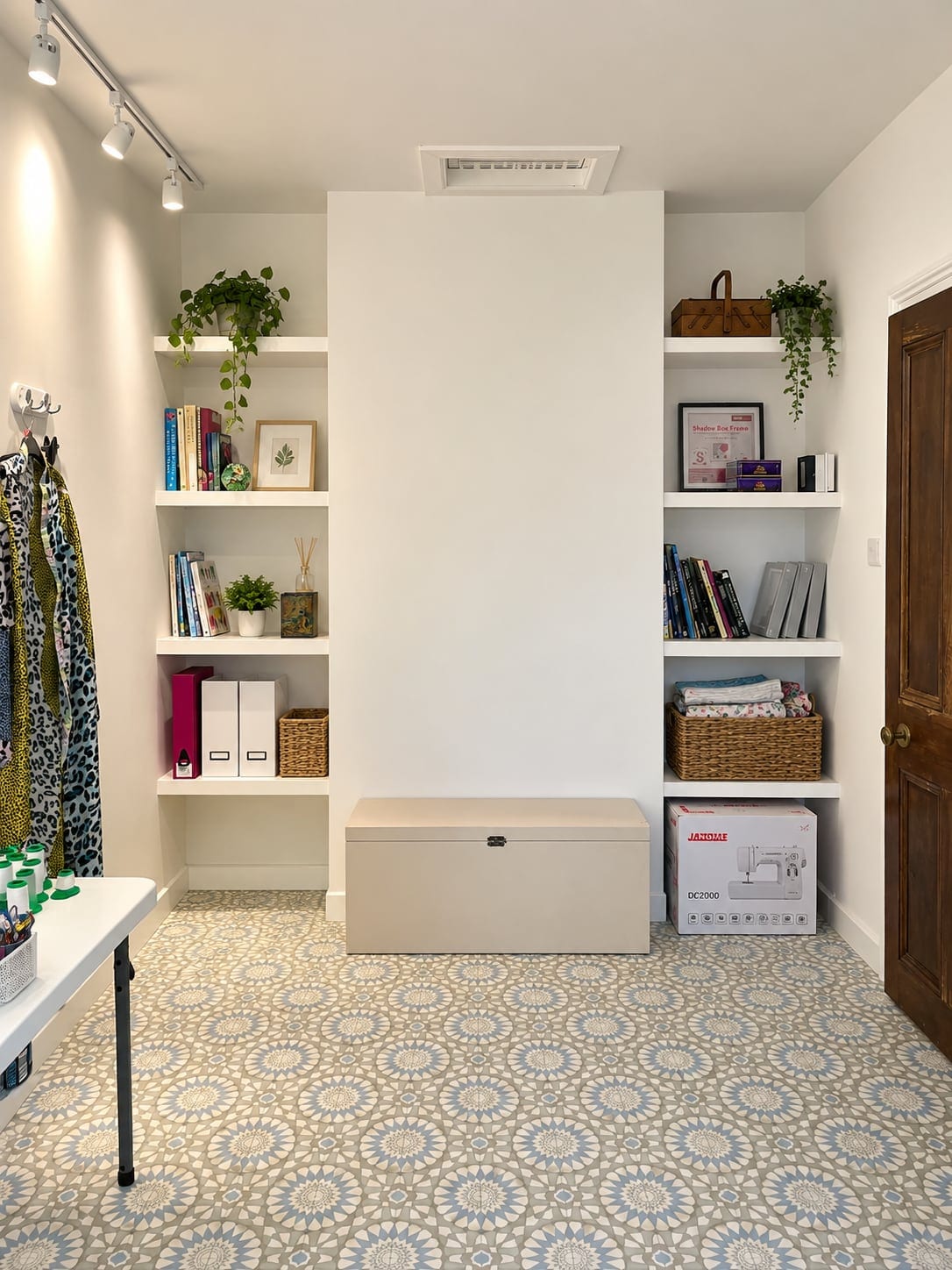 Built-in white shelving and storage