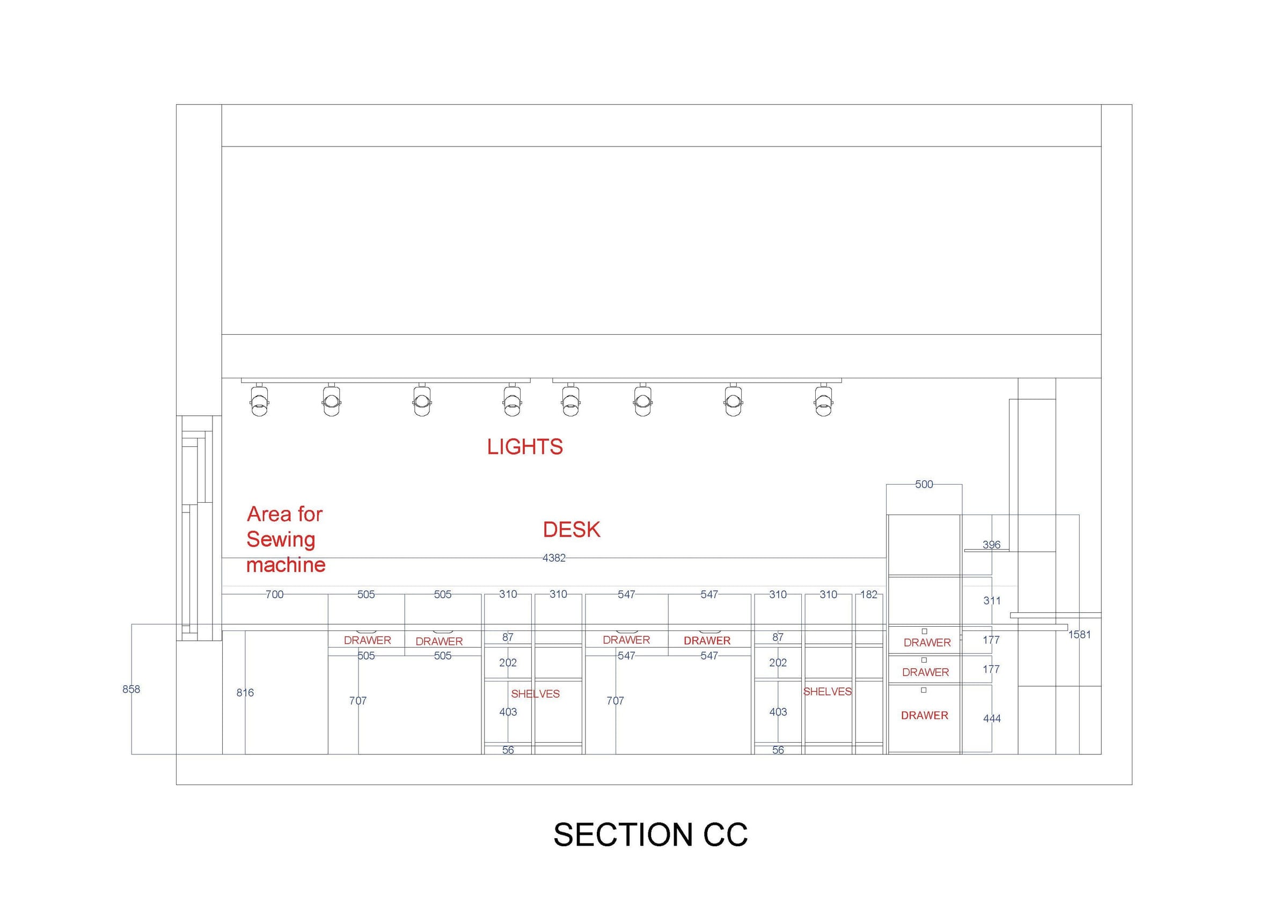 Section CC: desk, drawers, shelves and lighting