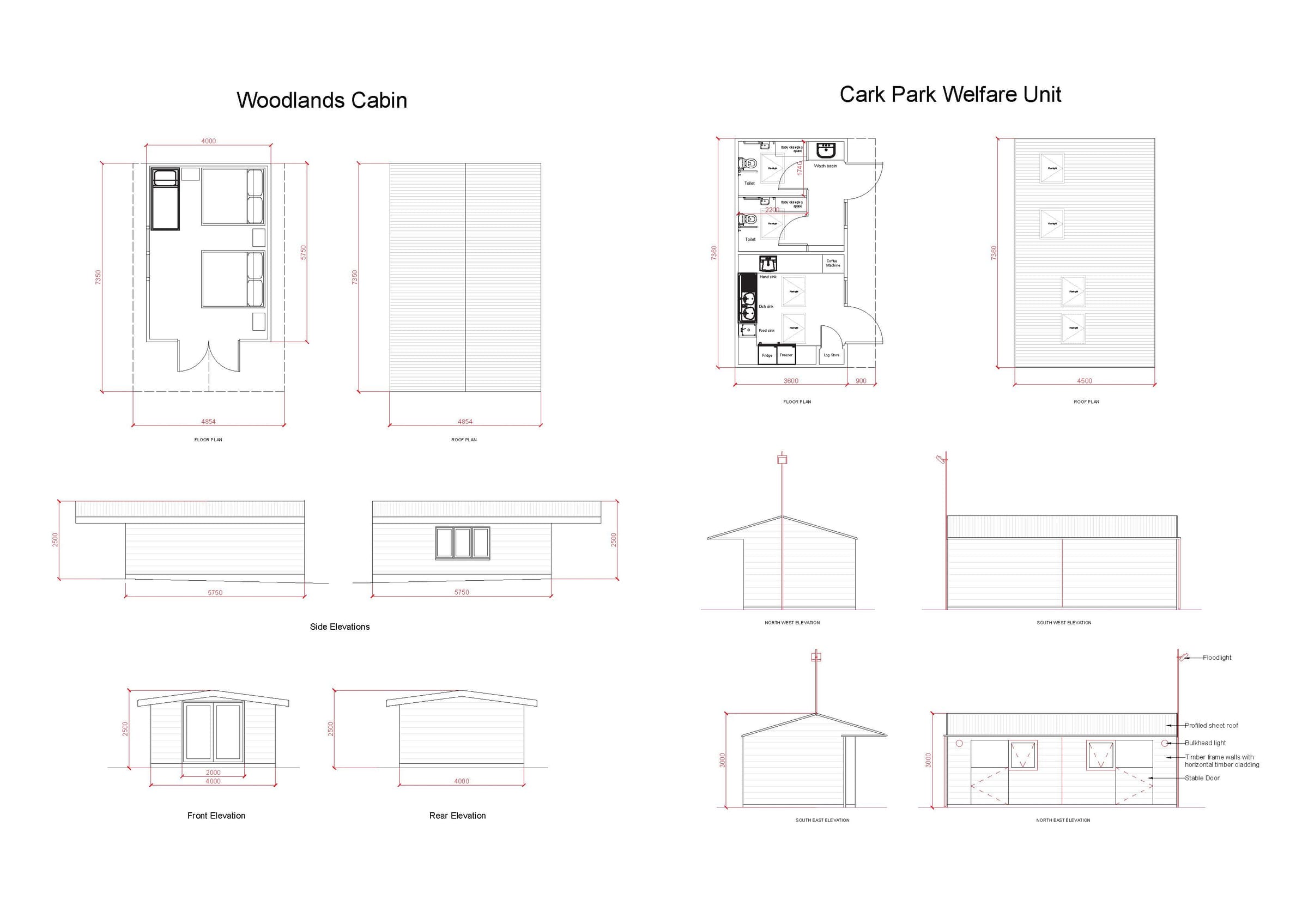 Plans and elevations of the woodland cabin and car park welfare unit