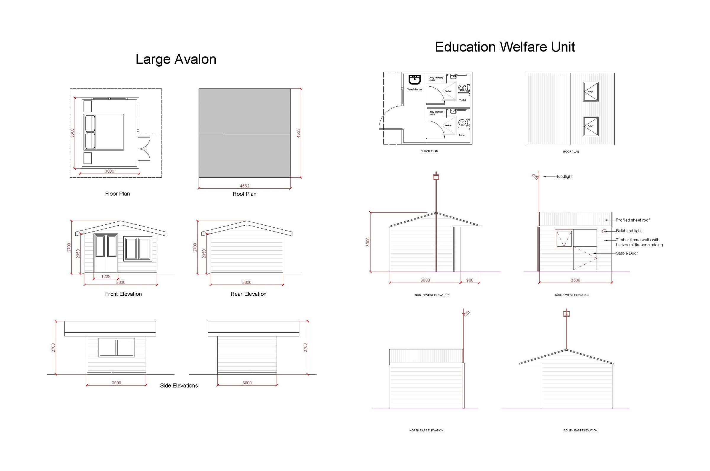 Plans and elevations of the large cabin and education welfare unit