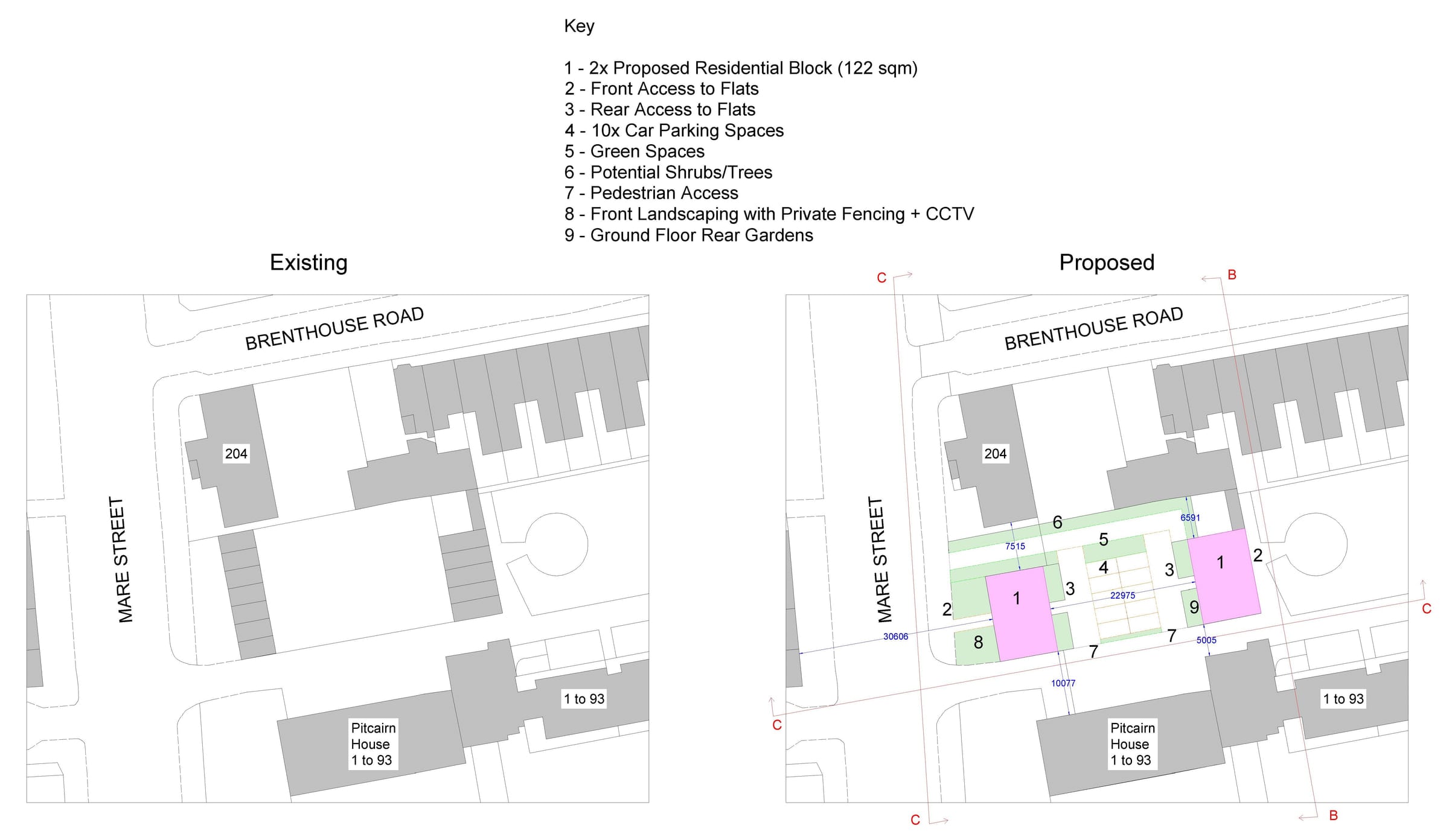 Existing and proposed site plans for Pitcairn House