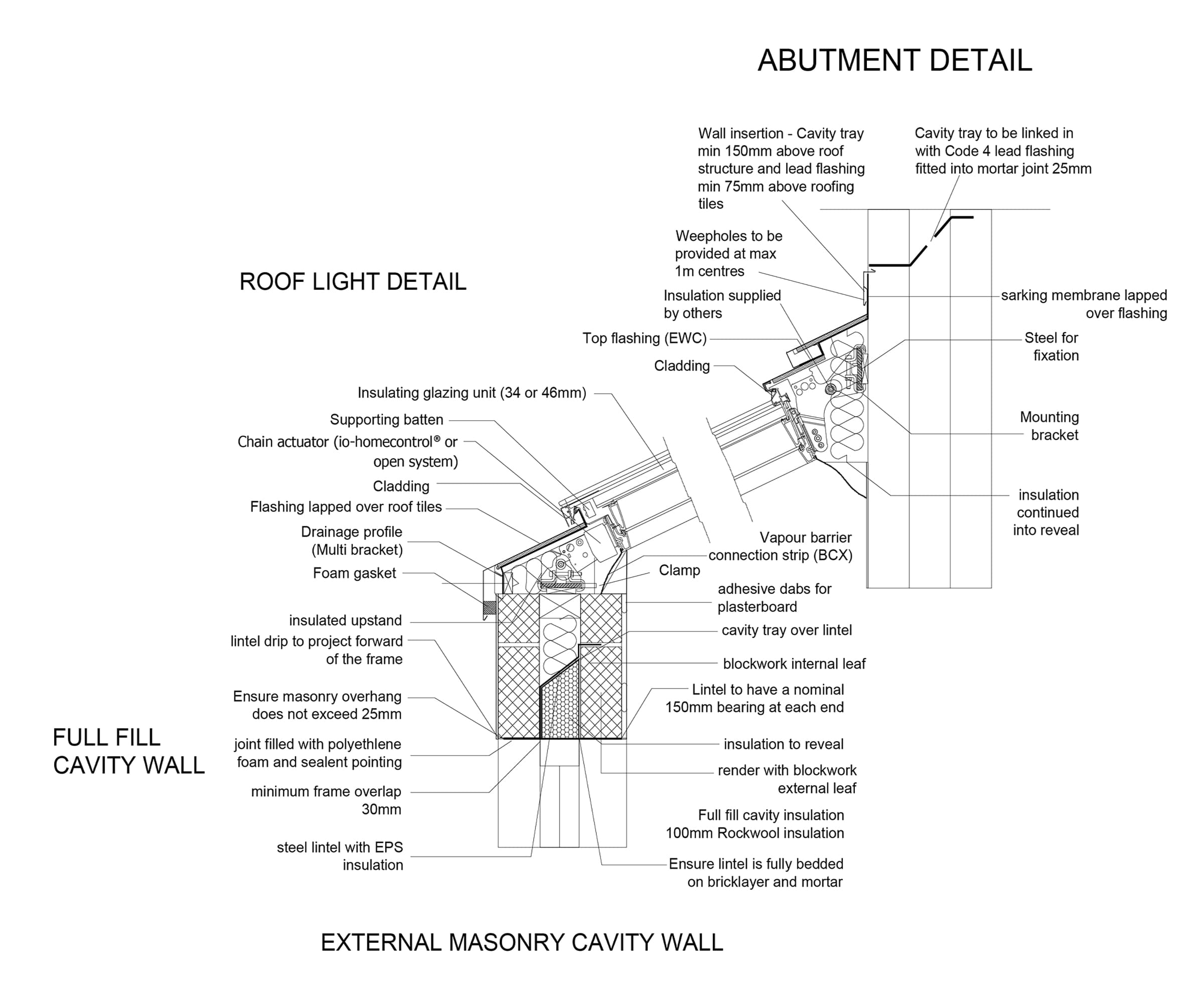 Construction detail of a rooflight and its abutment with a masonry cavity wall